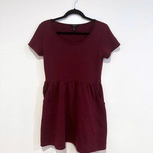 Forever 21, Wine Short-Sleeve Scoop Neck Dress with Pockets, Size Large